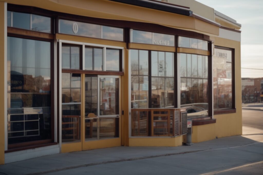 Kansas City café exterior with sunlight reflecting off commercial window film