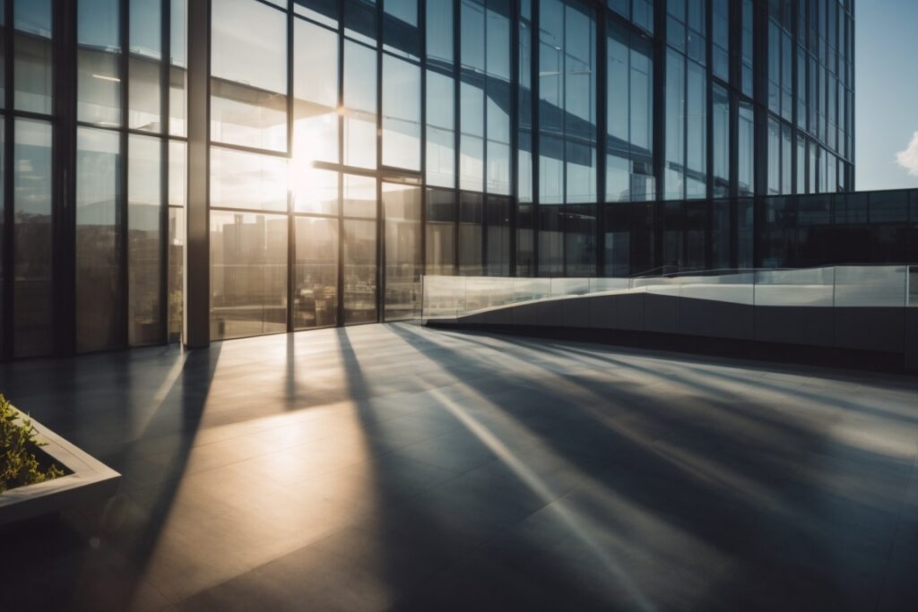 modern office building with sleek window film, sun glare protection