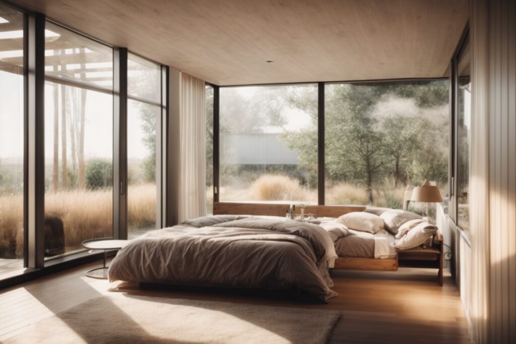 Home interior with frosted privacy windows allowing light in