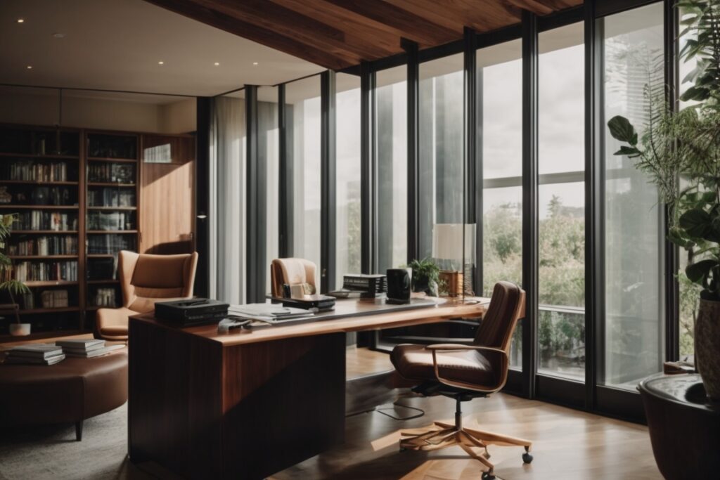 interior home office with opaque privacy window film