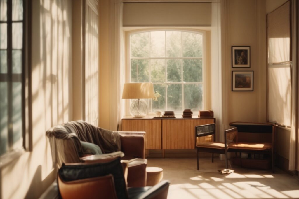 Interior with faded furniture and artworks near sunlight streaming through window film
