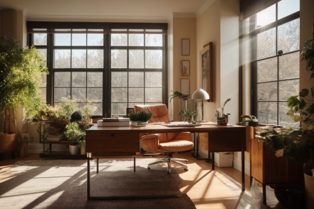 Interior of home office with visible sun glare on unprotected windows