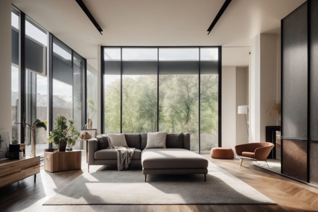 Modern living room with UV blocking window film installed