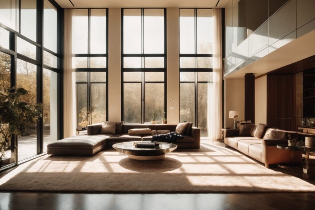 Luxurious home interior bathed in soft light through tinted windows