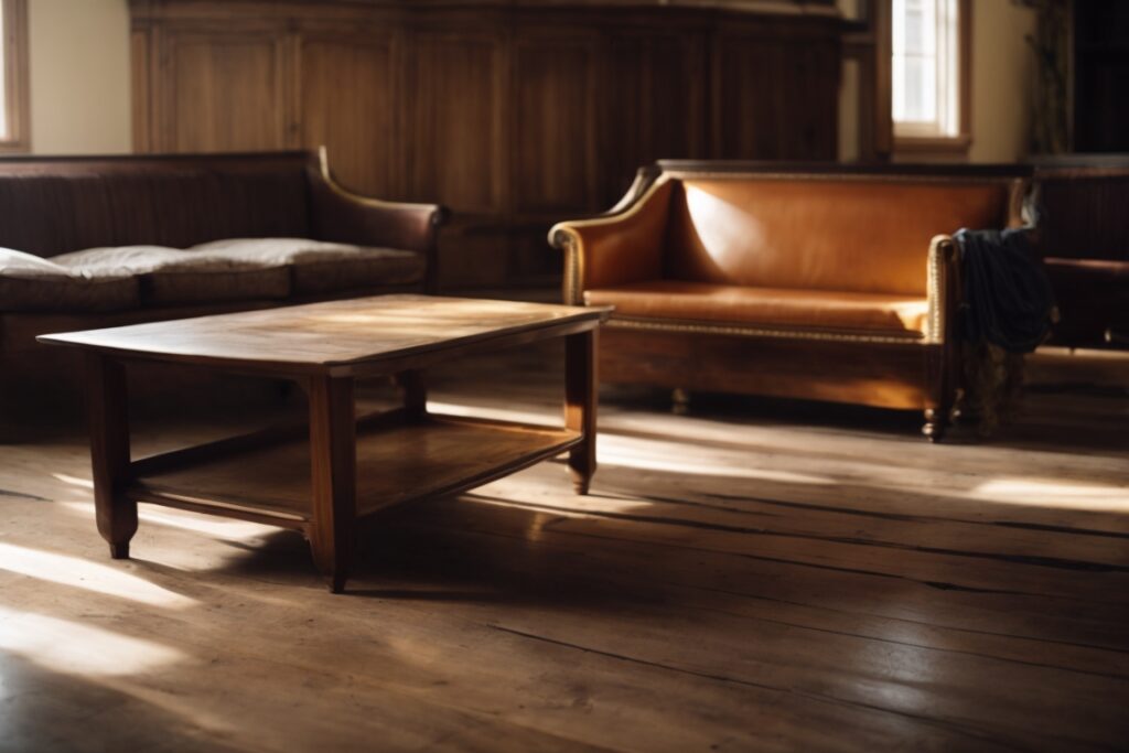 interior view showing sun-damaged furniture and faded hardwood floors