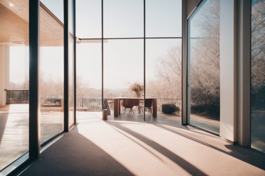 Modern home with window tint film in summer heat and winter cold scenes