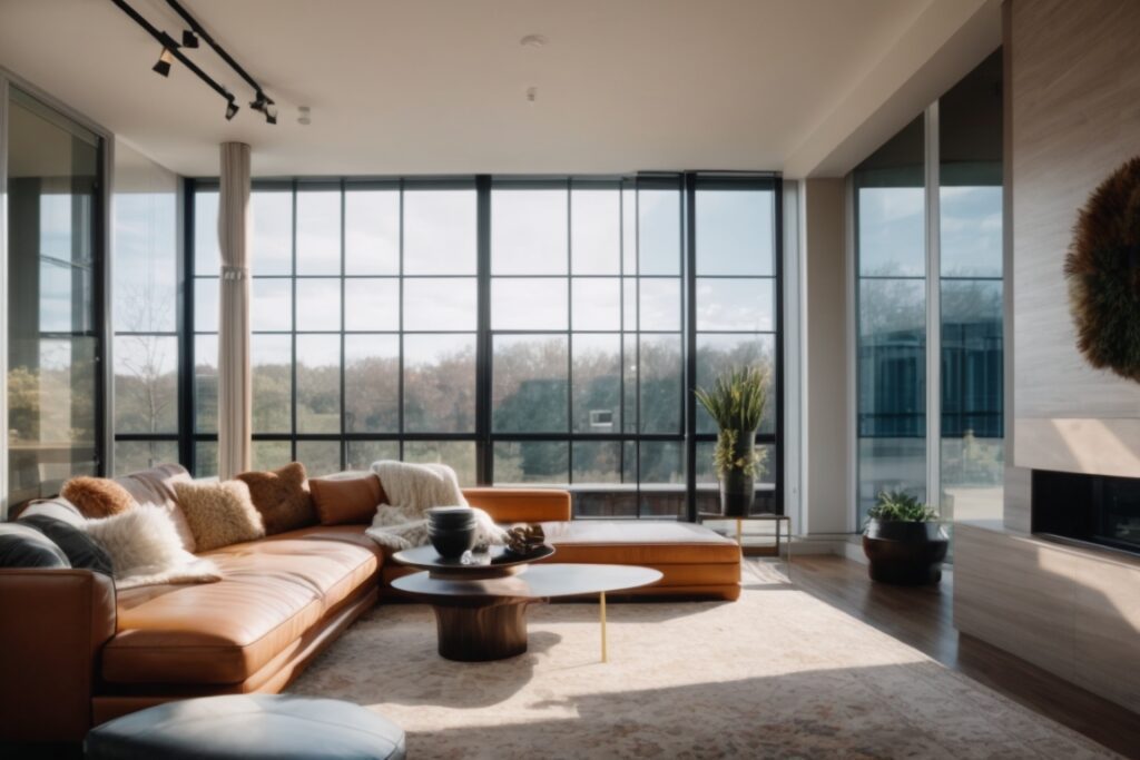 Modern living room with clear energy efficient window film in Kansas City