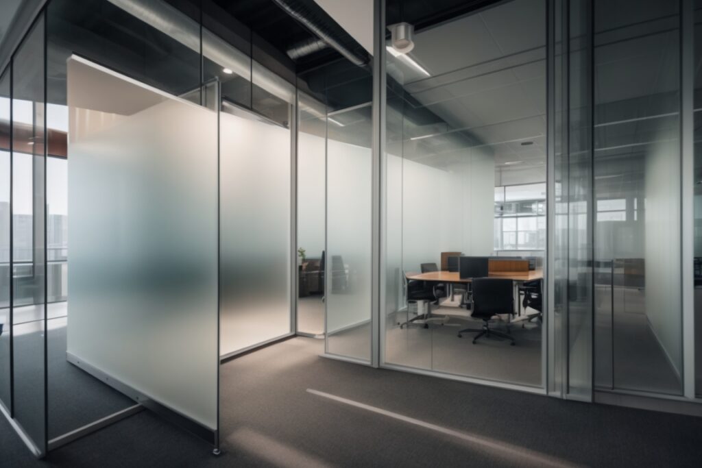 office interior with frosted film on glass walls for privacy