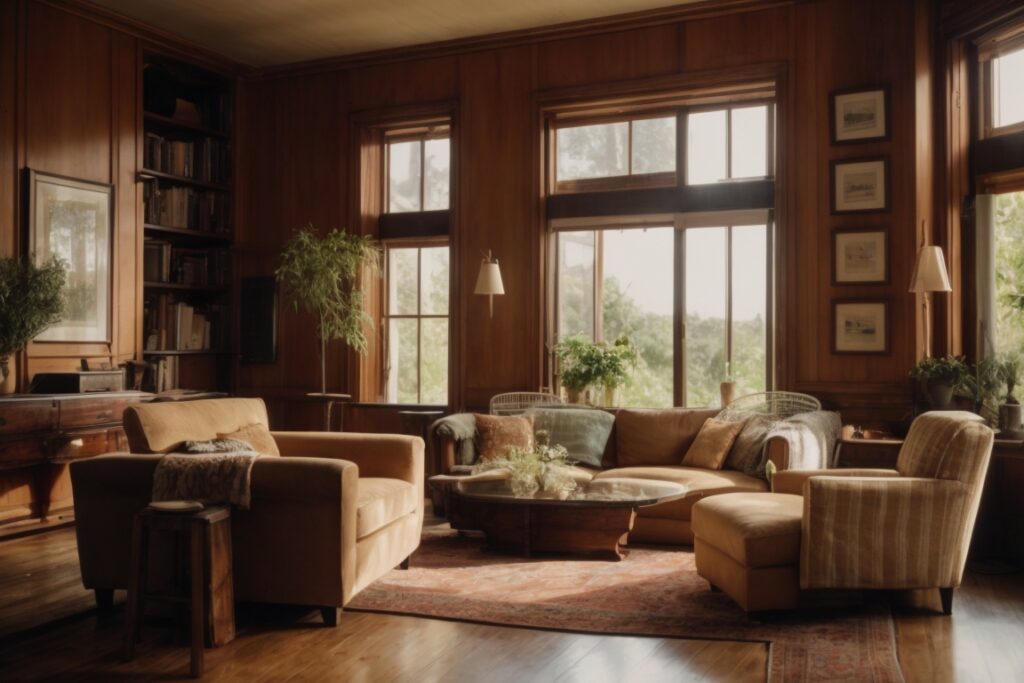 Interior of a home showing faded furniture near opaque windows