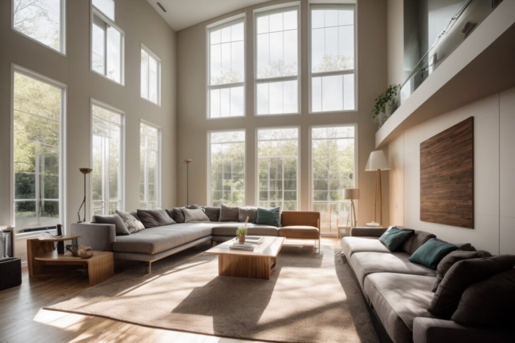 Modern living room with energy saving window film, sunlight filtering through