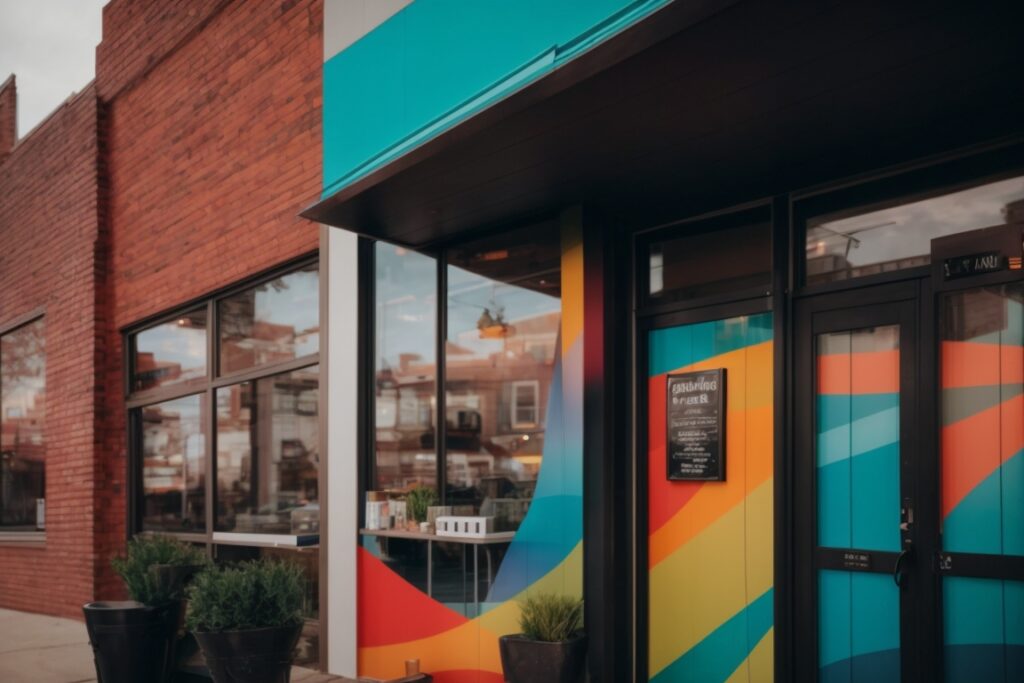 Colorful vinyl building wrap on café in Kansas City with vibrant design elements