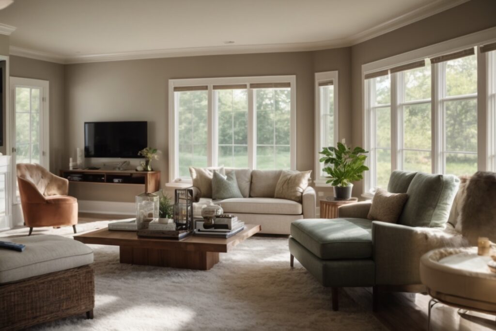 Interior of a comfortable living room in Kansas City with energy-efficient window films