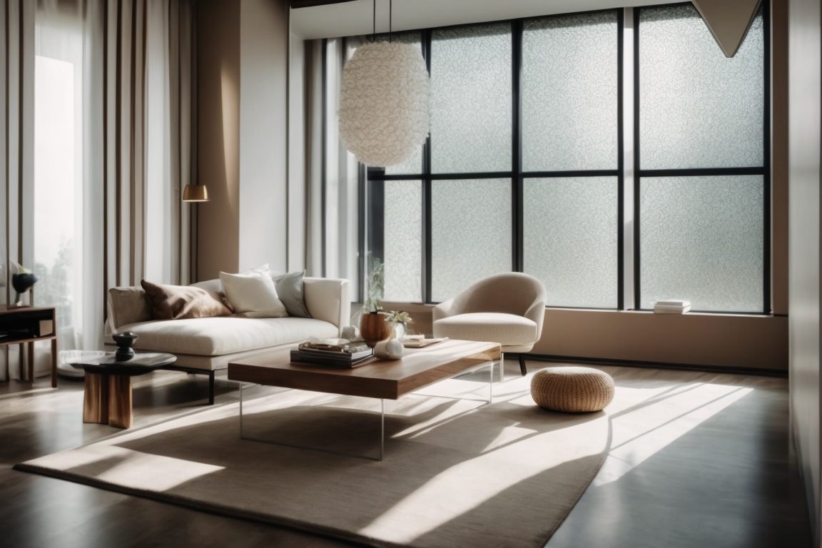 Interior view of a room with opaque decorative window films, enhancing privacy and aesthetics