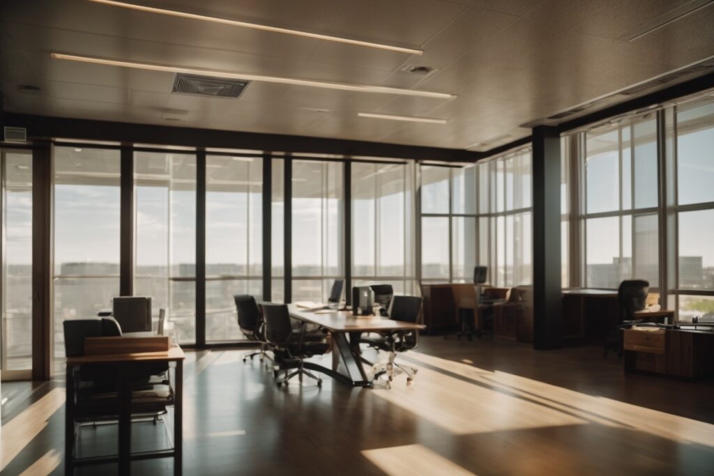 interior office Kansas City with sunlight filtering through frosted window film