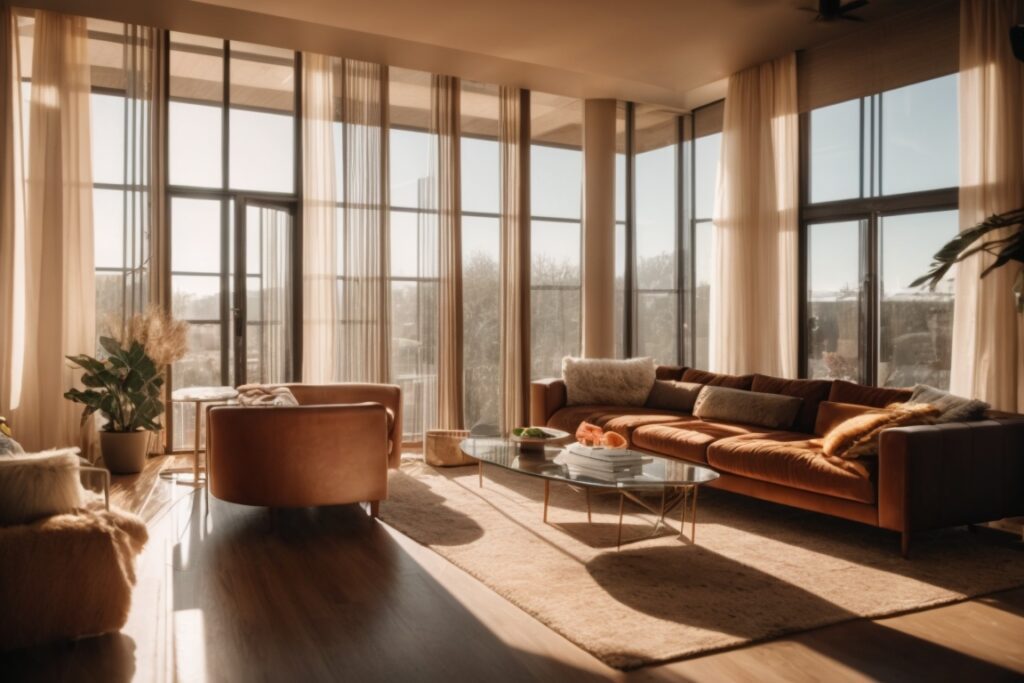 Interior of a cozy living room with heat blocking window films reflecting sunlight