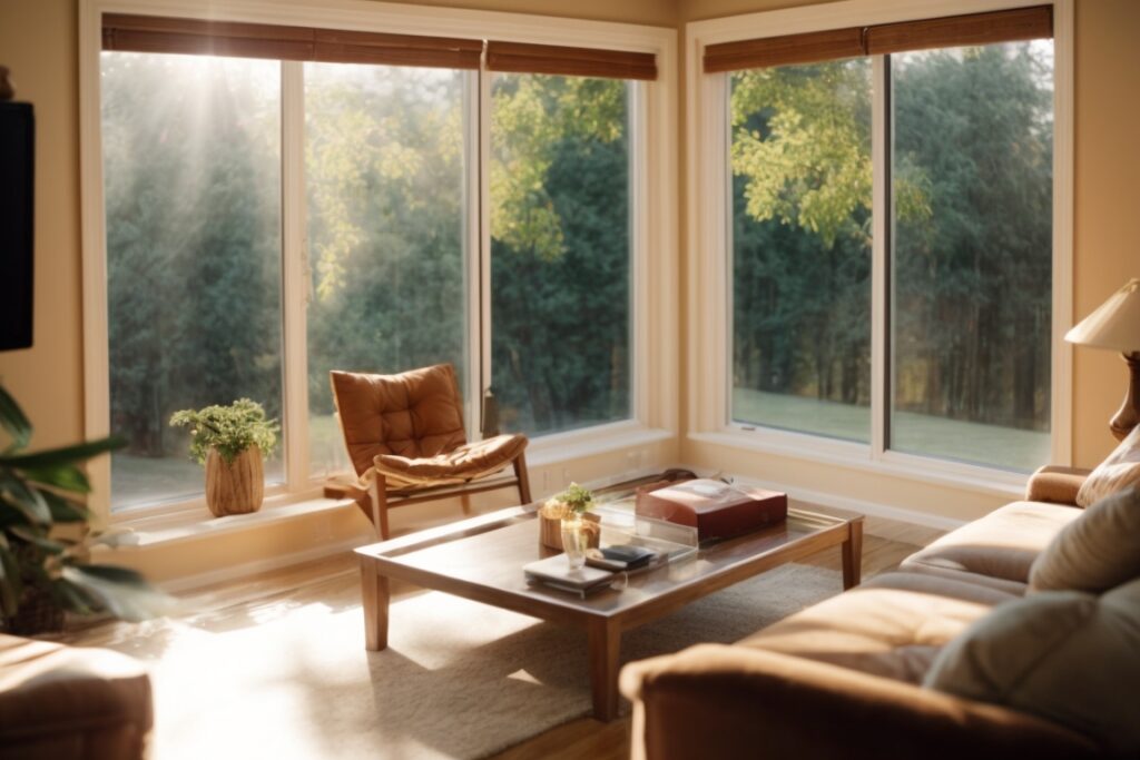 Sunlight filtering through energy efficient window film in a cozy room