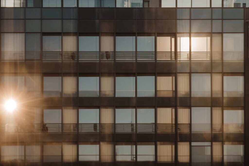 Kansas City office building with employees adjusting blinds, intense sunlight piercing through windows
