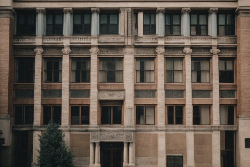 Historical Kansas City building with window tint film preserving architectural details