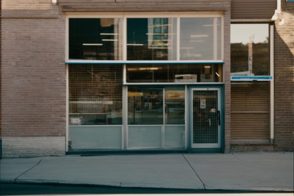 Retail store in Kansas City with tinted windows and visible HVAC system