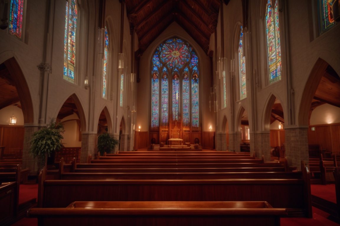 Kansas City church interior with UV protected stained glass windows