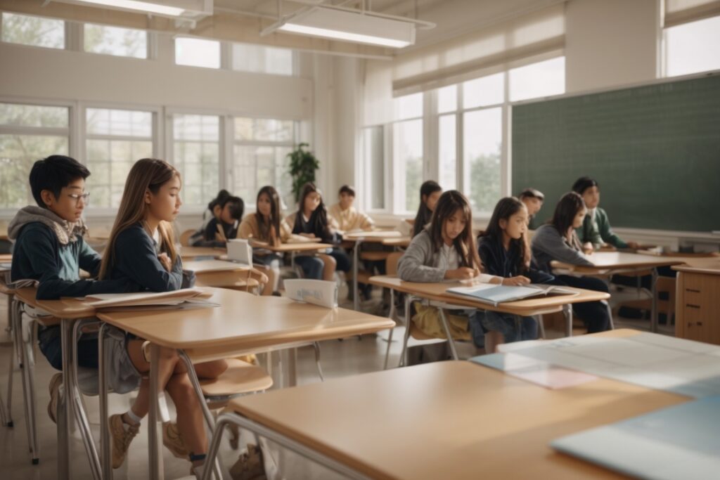 Sun control window film applied on school classroom with students studying