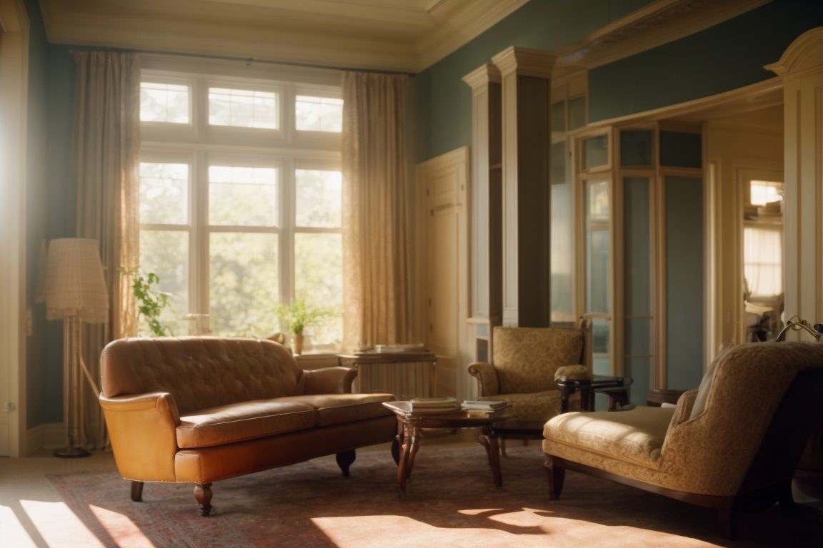 Kansas City home interior with visible sun rays on faded furniture