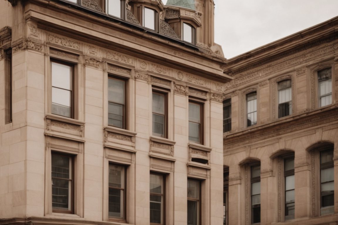 Historic Kansas City building with period-accurate decorative window films