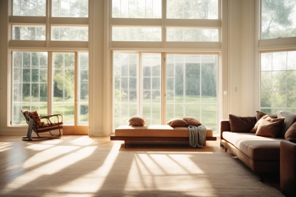 Interior of a home with UV protection window film, sunlit room, faded furniture visible
